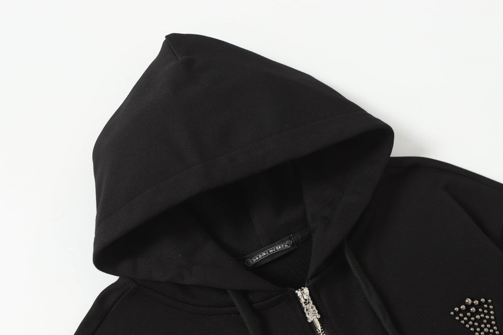 Chrome-Hearts Rhinestone Cross Hoodie - Black Gothic Streetwear Sweatshirt 2633