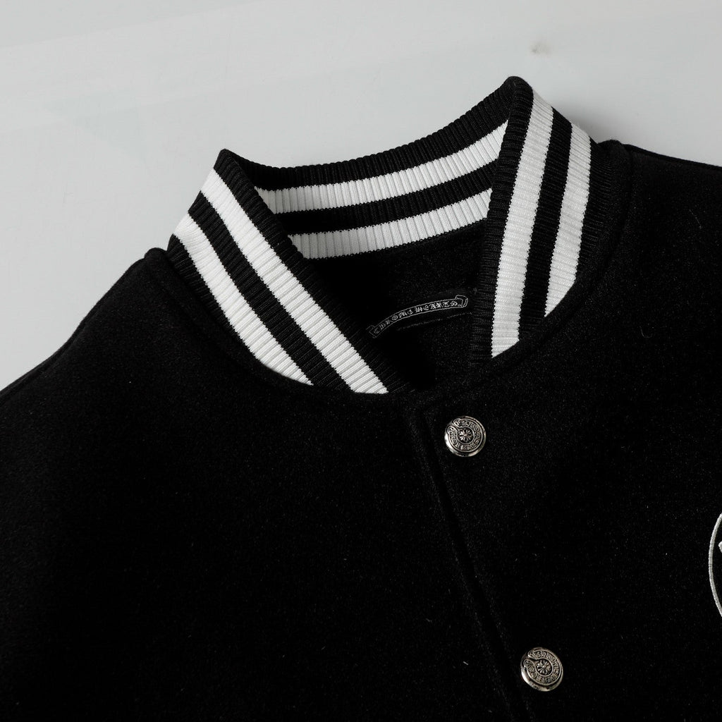 Chrome-Hearts Layered Cross Varsity Jacket - Black White Street Style Outerwear 2208
